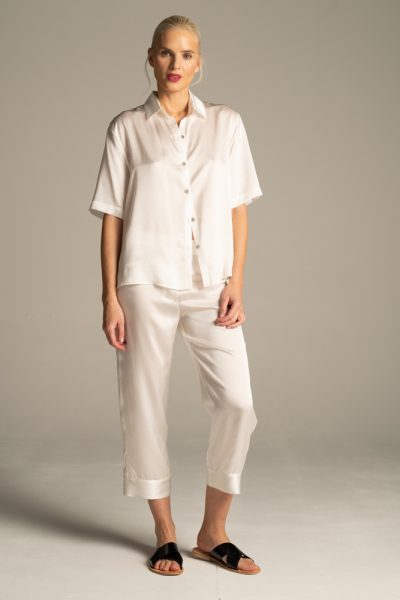 Pure White Silk Cropped Pyjama Shirt